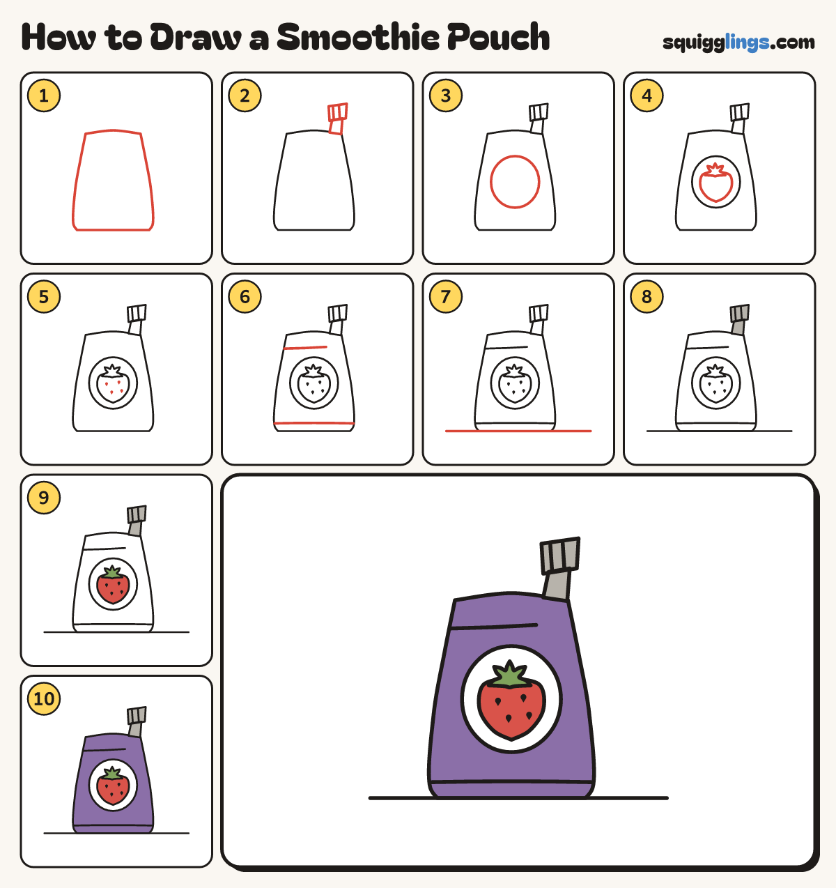 How to Draw a Smoothie Pouch step by step: all 10 steps in one picture
