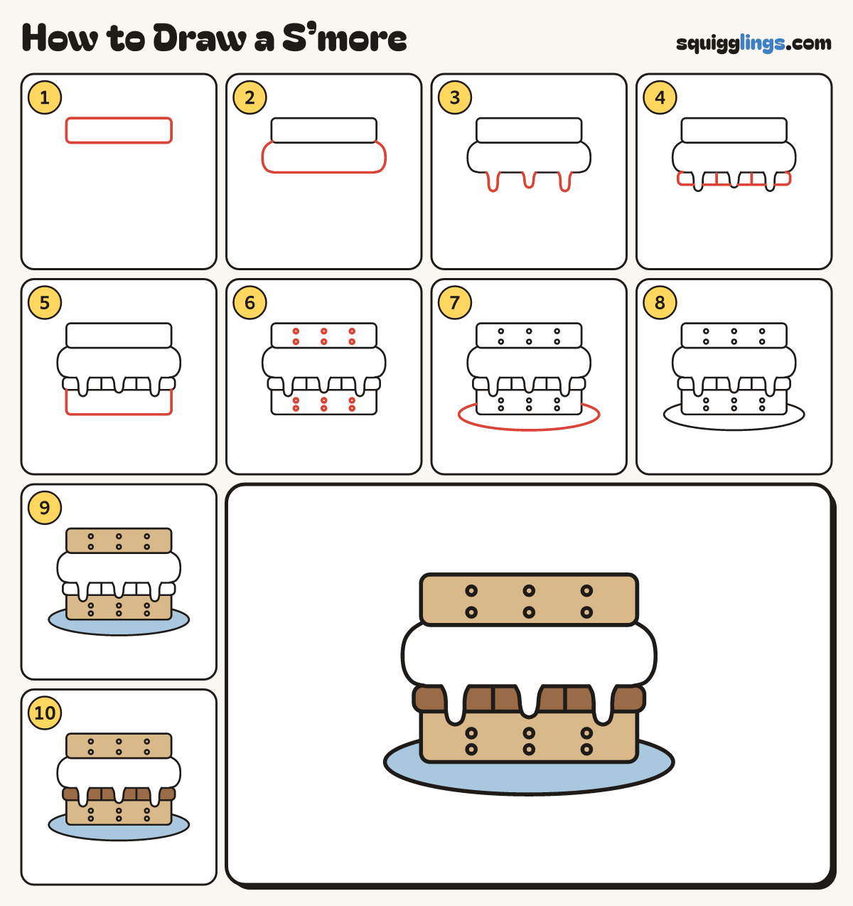 How to Draw a S’more step by step: all 10 steps in one picture