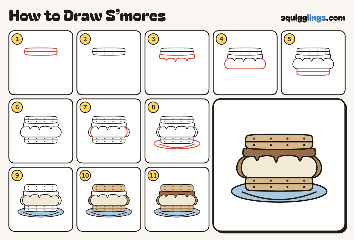 How to Draw S’mores step by step: all 11 steps in one picture
