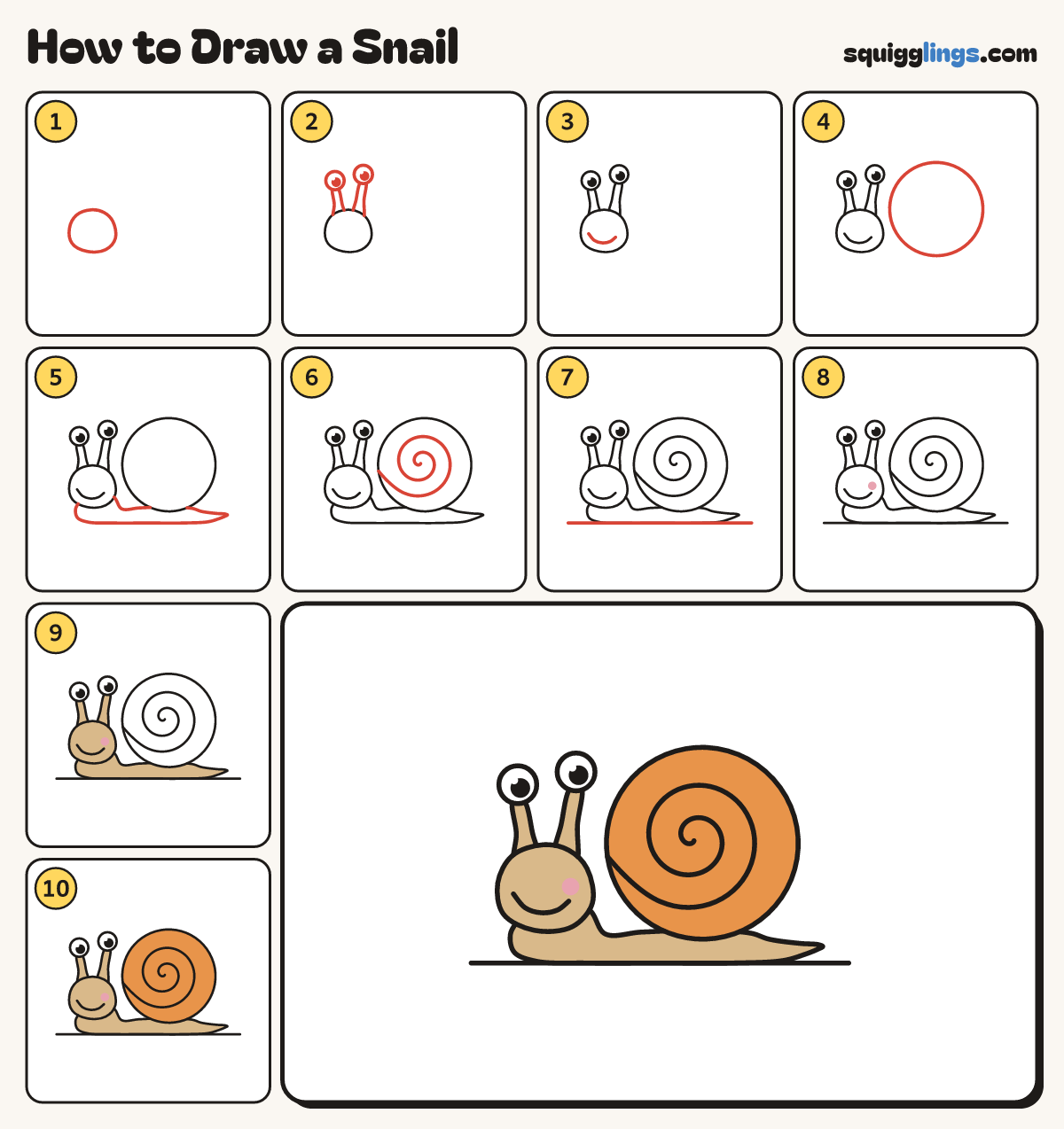 How to Draw a Snail step by step: all 10 steps in one picture