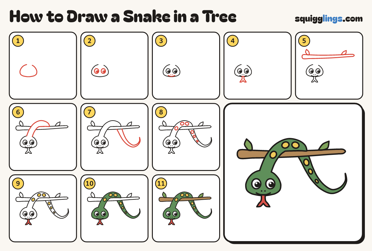 How to Draw a Snake in a Tree step by step: all 11 steps in one picture