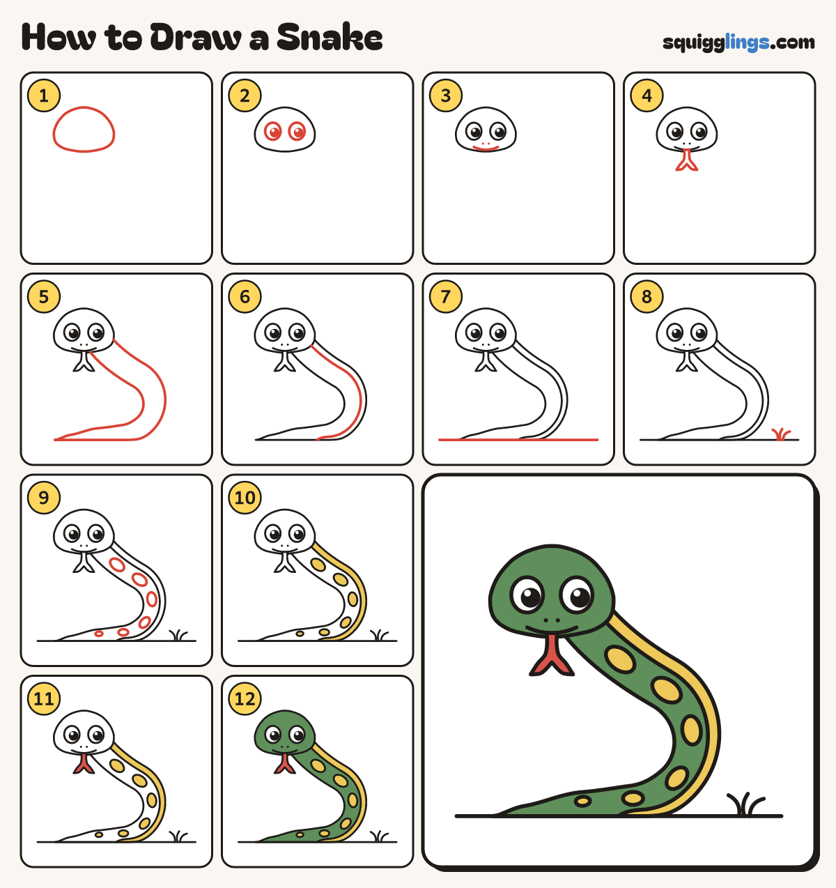 How to Draw a Snake step by step: all 12 steps in one picture