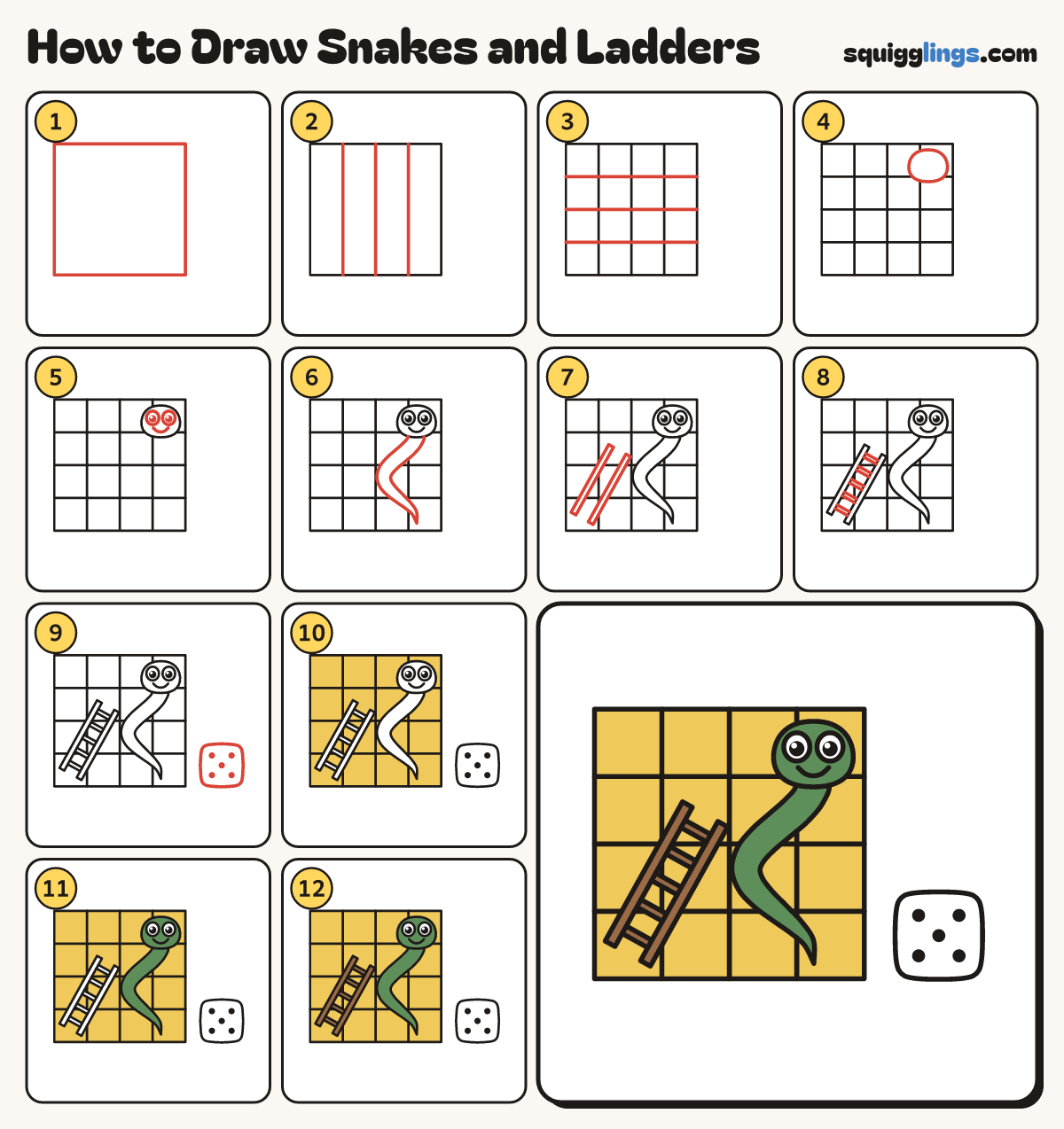 How to Draw Snakes and Ladders step by step: all 12 steps in one picture