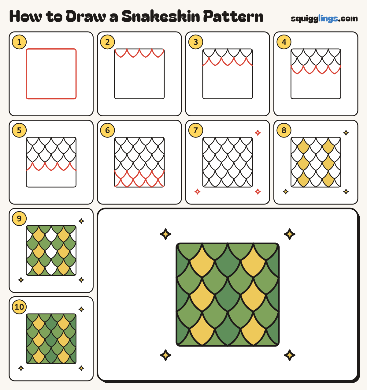 How to Draw a Snakeskin Pattern step by step: all 10 steps in one picture