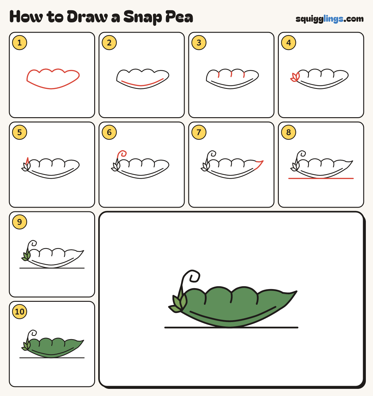 How to Draw a Snap Pea step by step: all 10 steps in one picture