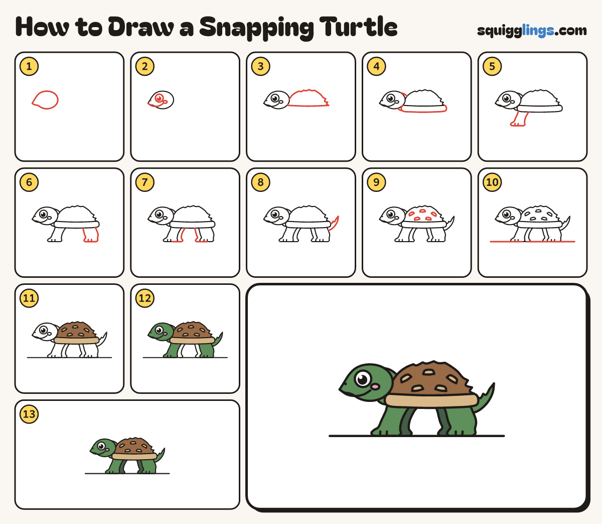 How to Draw a Snapping Turtle step by step: all 13 steps in one picture