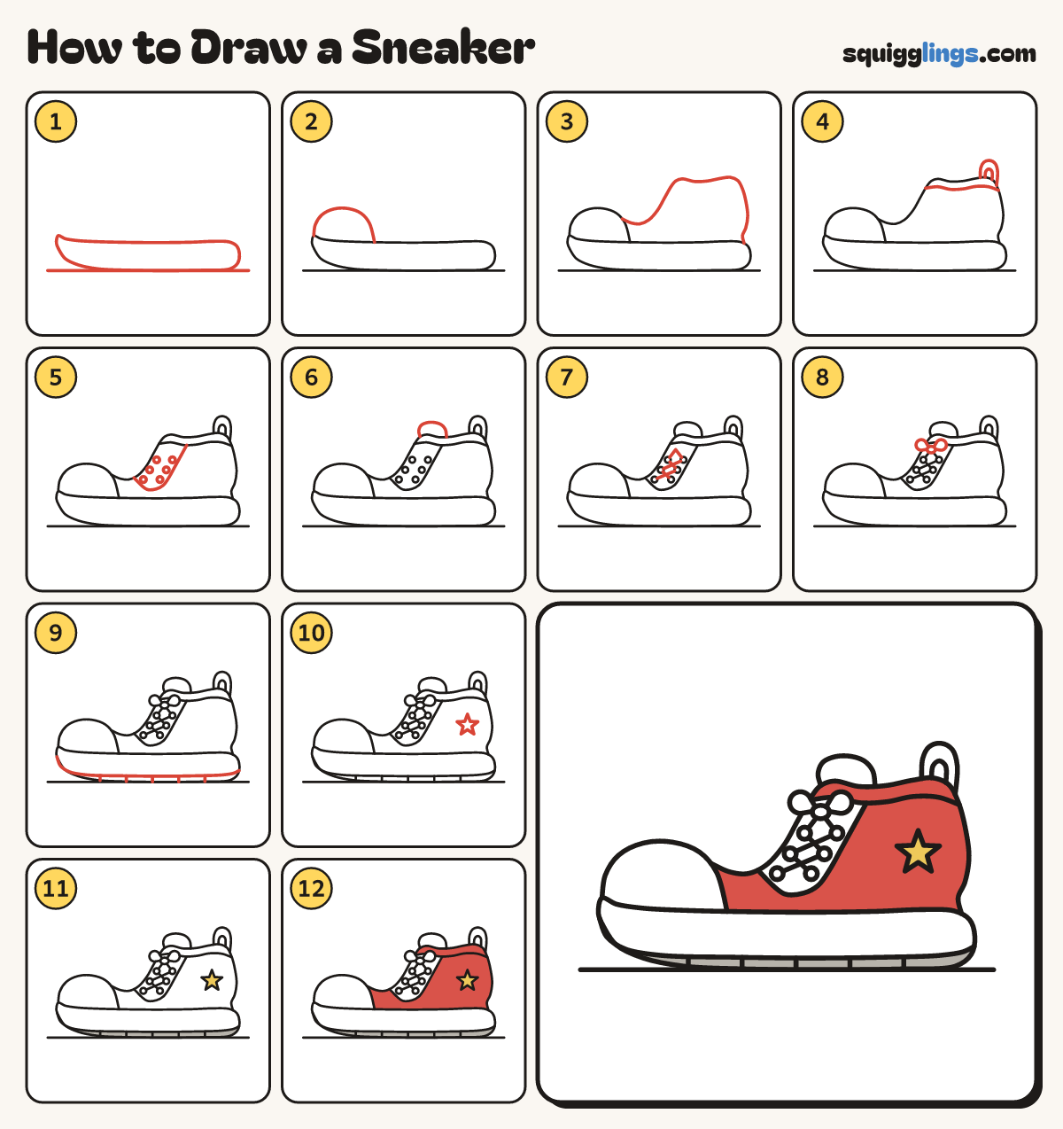 How to Draw a Sneaker step by step: all 12 steps in one picture
