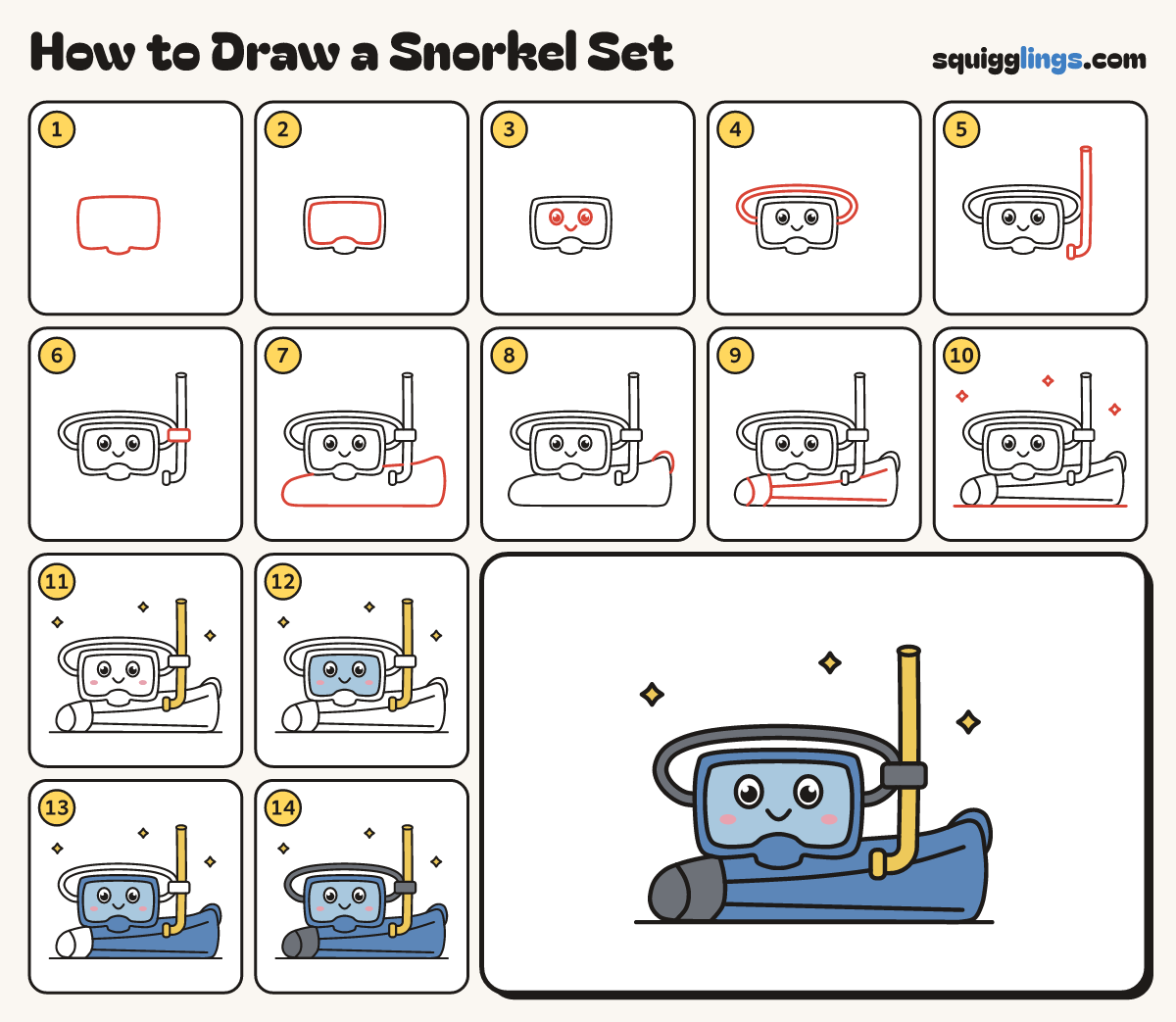 How to Draw a Snorkel Set step by step: all 14 steps in one picture