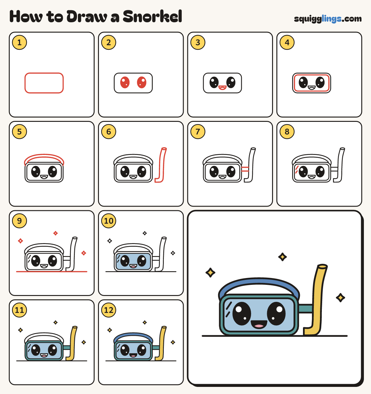 How to Draw a Snorkel step by step: all 12 steps in one picture