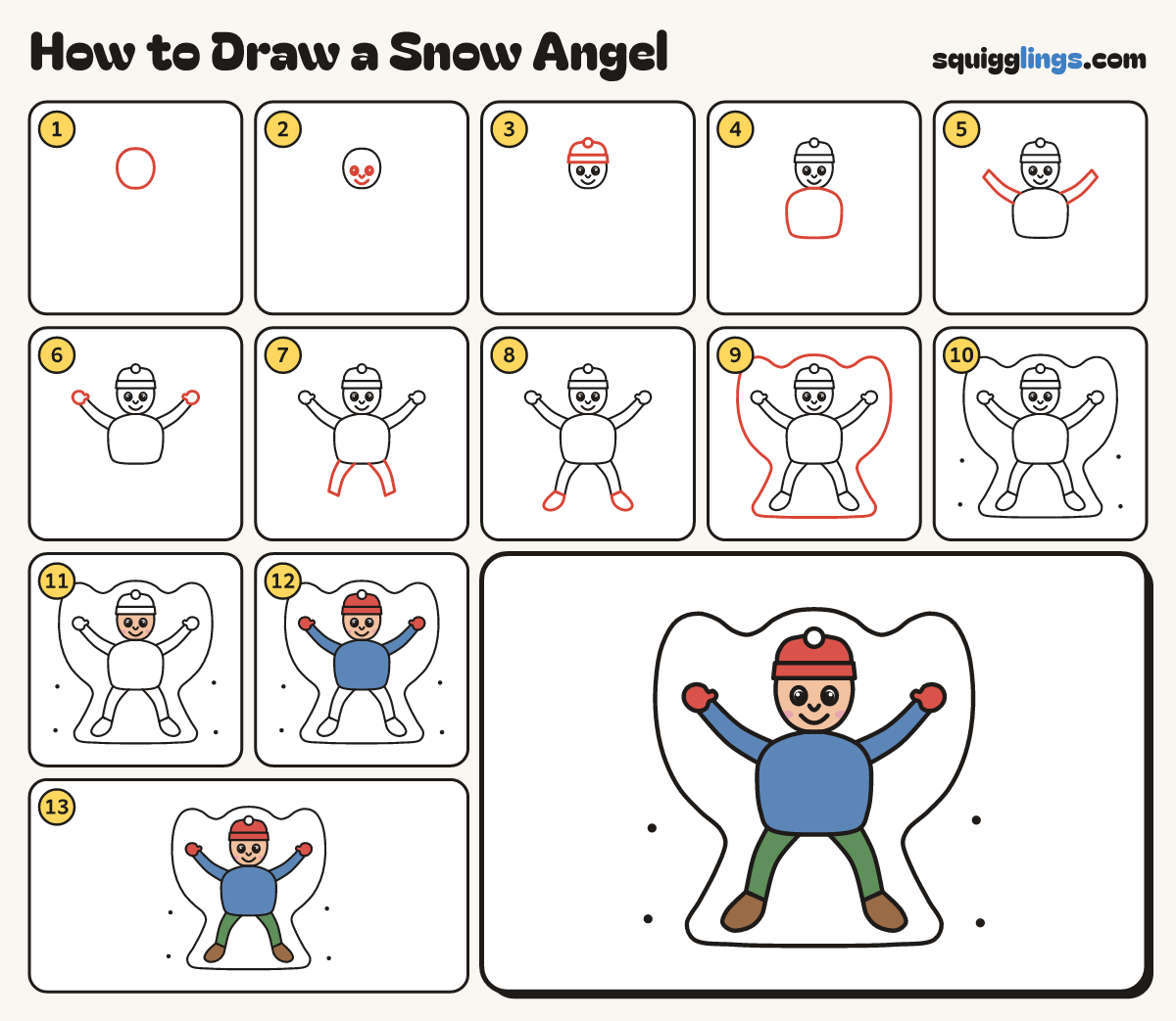 How to Draw a Snow Angel step by step: all 13 steps in one picture