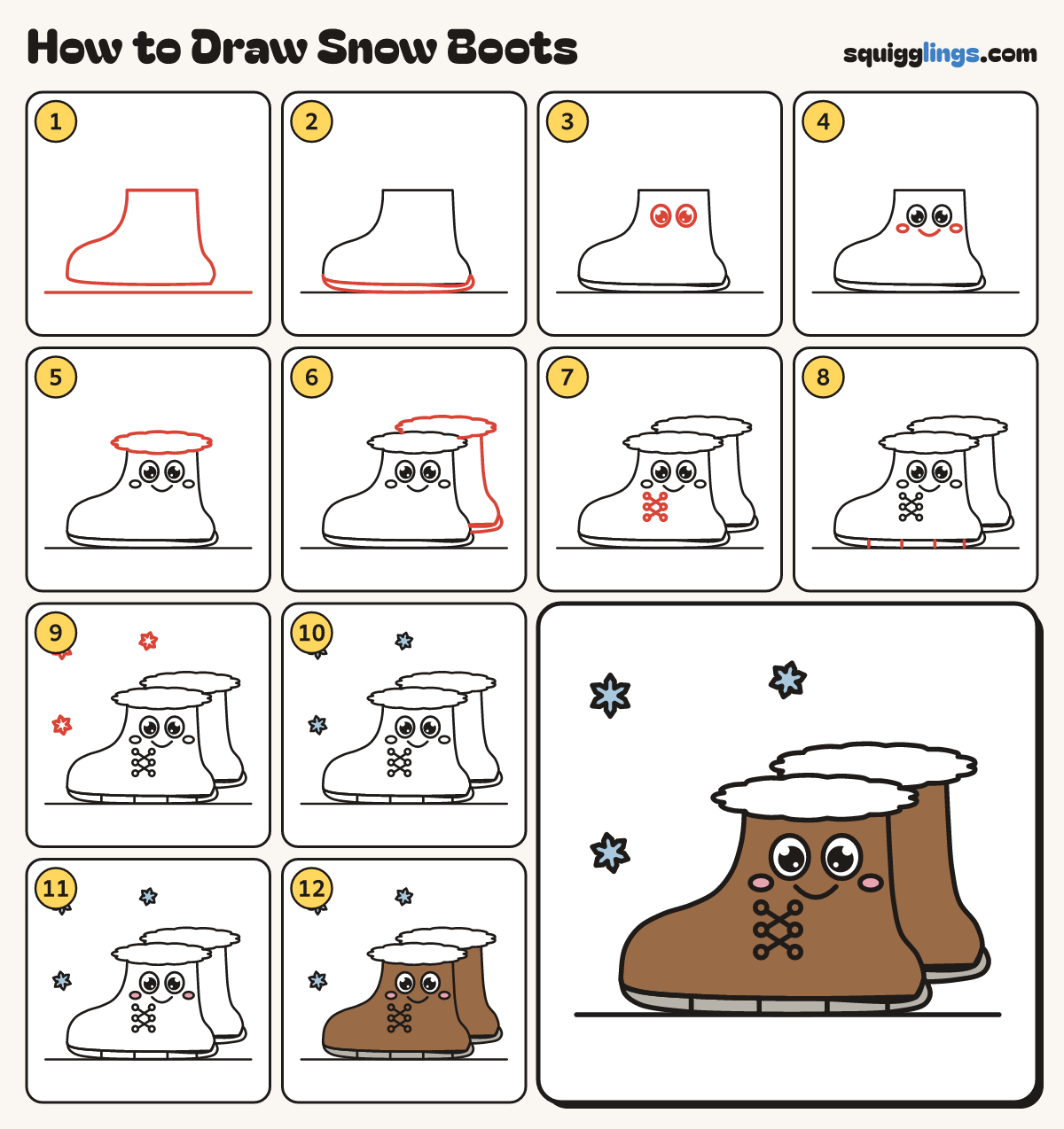 How to Draw Snow Boots step by step: all 12 steps in one picture