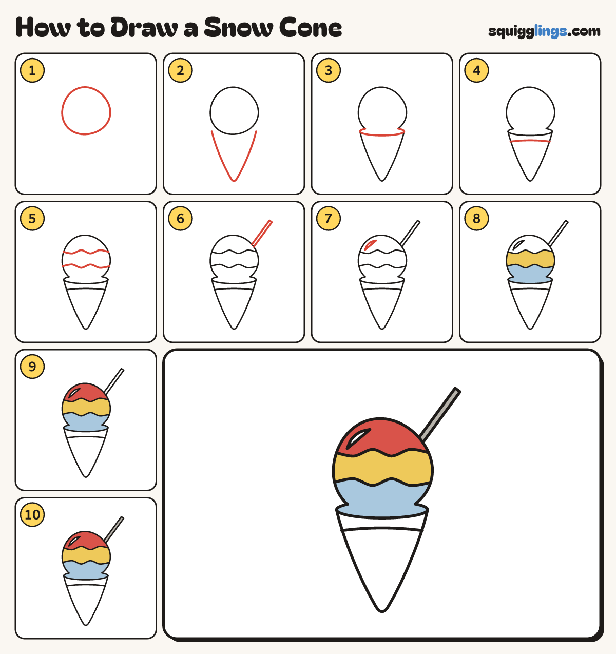 How to Draw a Snow Cone step by step: all 10 steps in one picture