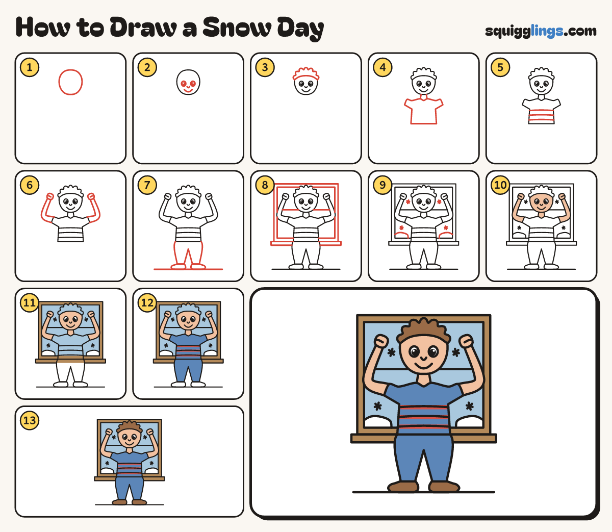 How to Draw a Snow Day step by step: all 13 steps in one picture