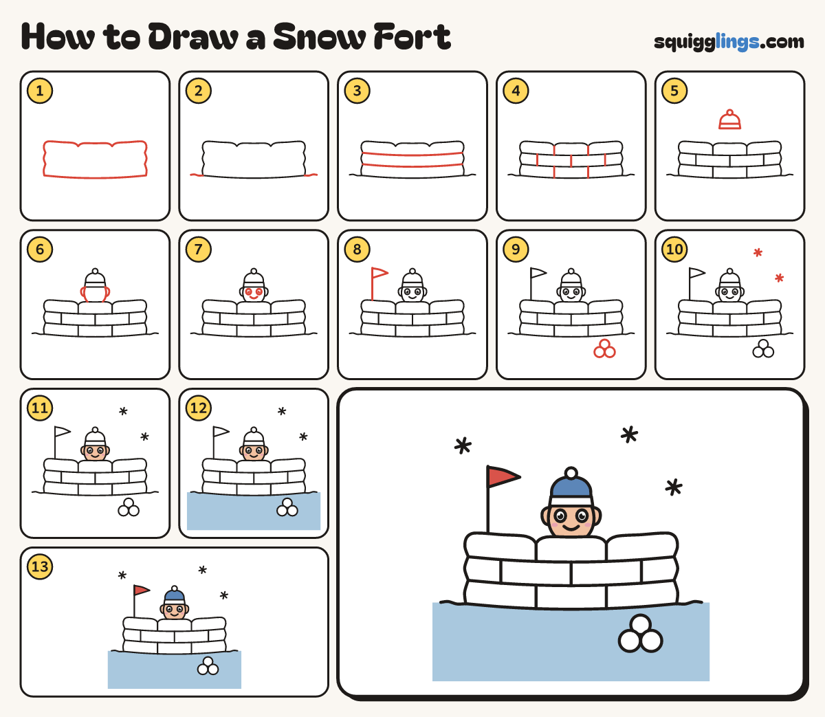 How to Draw a Snow Fort step by step: all 13 steps in one picture