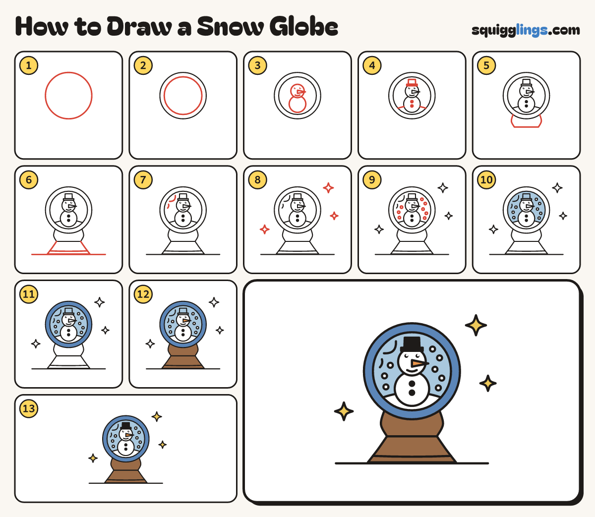 How to Draw a Snow Globe step by step: all 13 steps in one picture