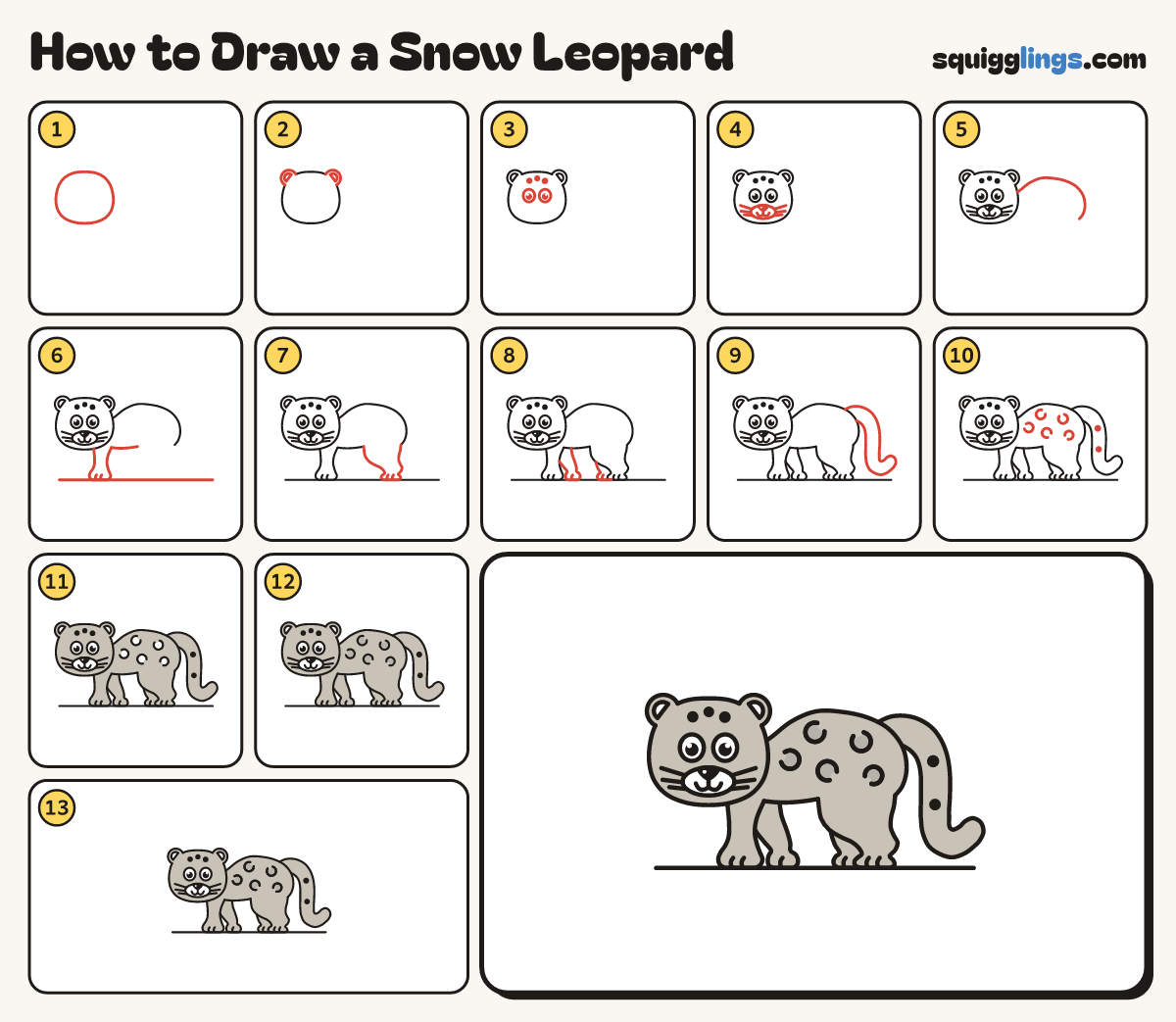 How to Draw a Snow Leopard step by step: all 13 steps in one picture