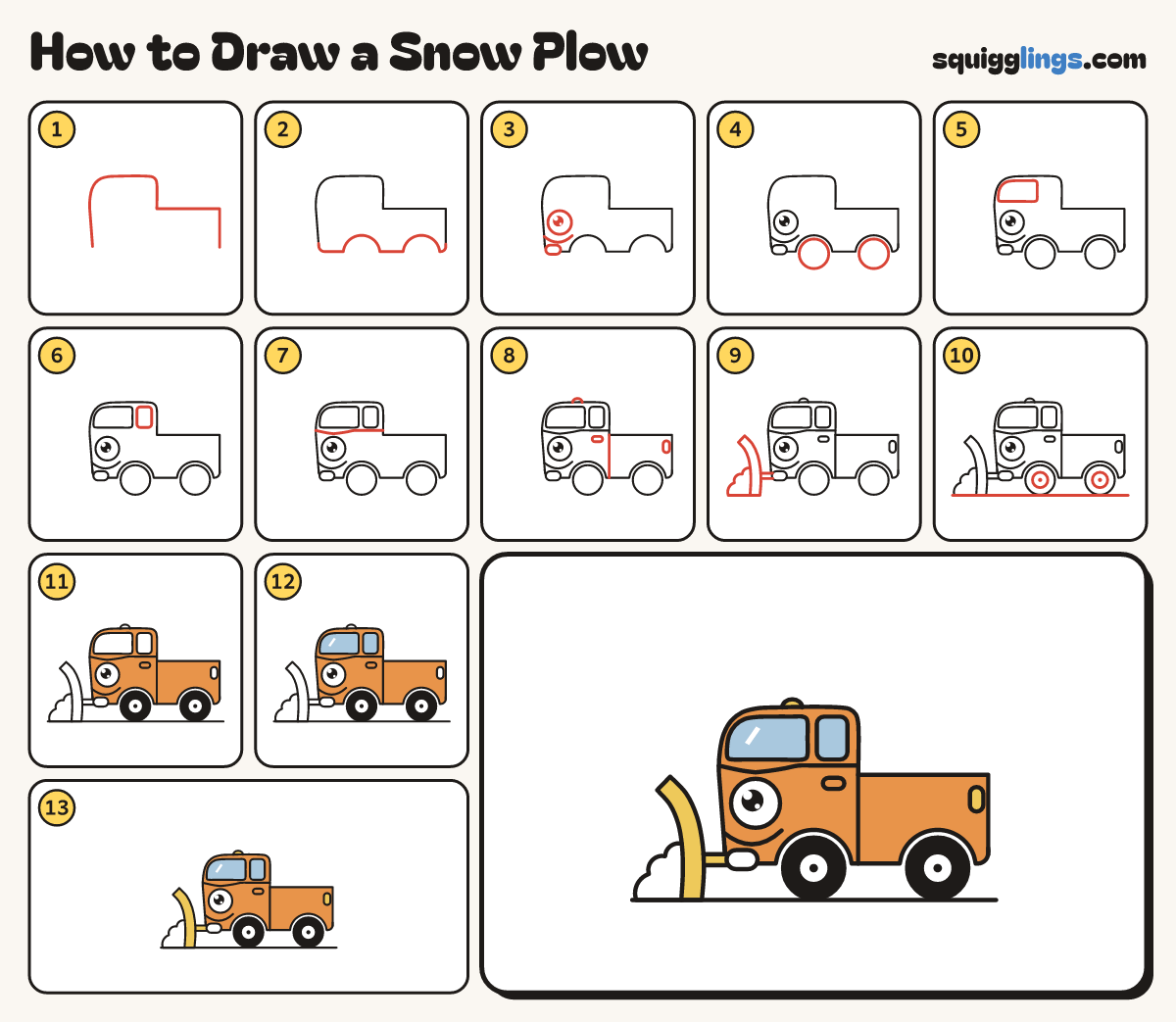 How to Draw a Snow Plow step by step: all 13 steps in one picture