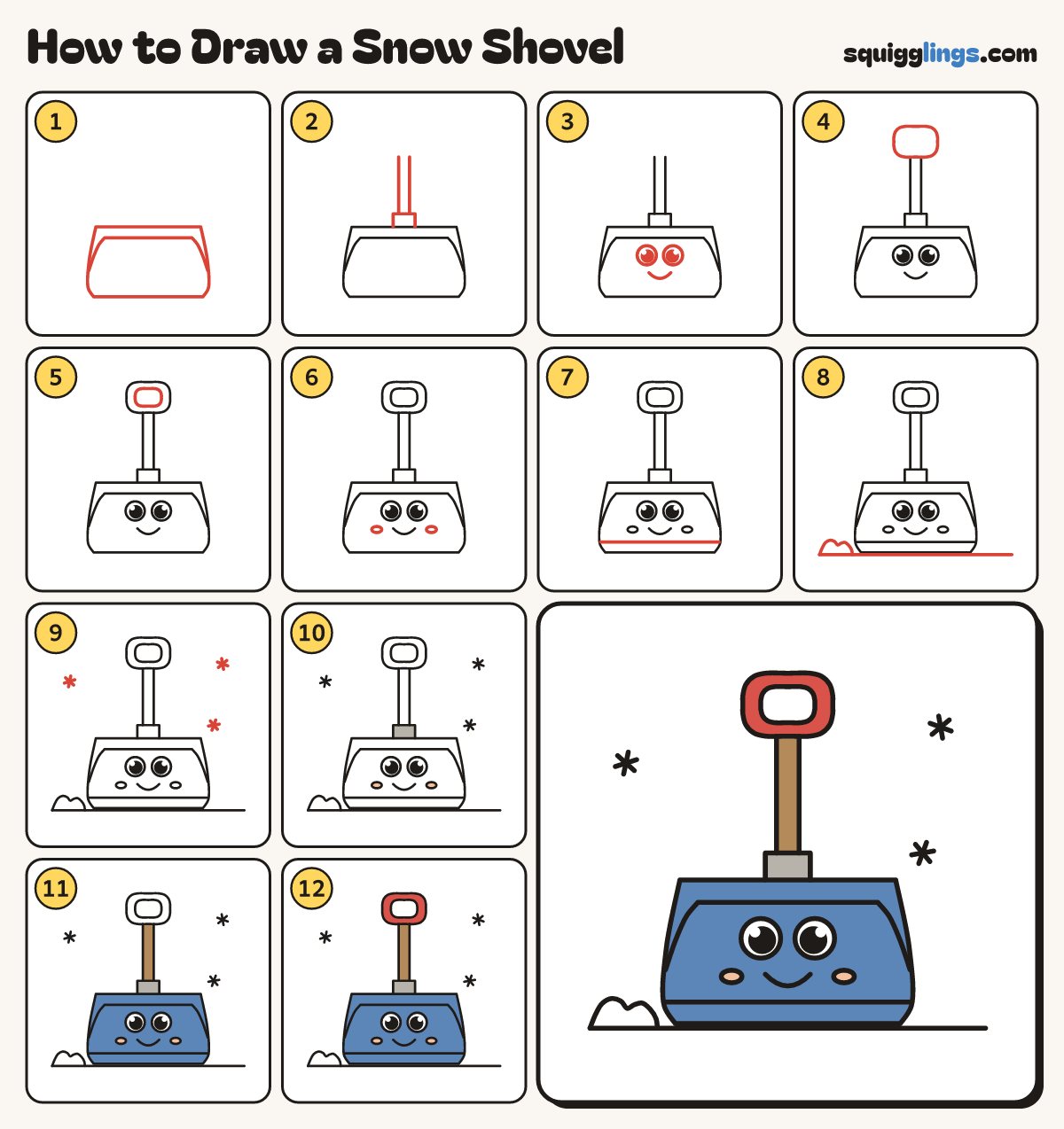 How to Draw a Snow Shovel step by step: all 12 steps in one picture