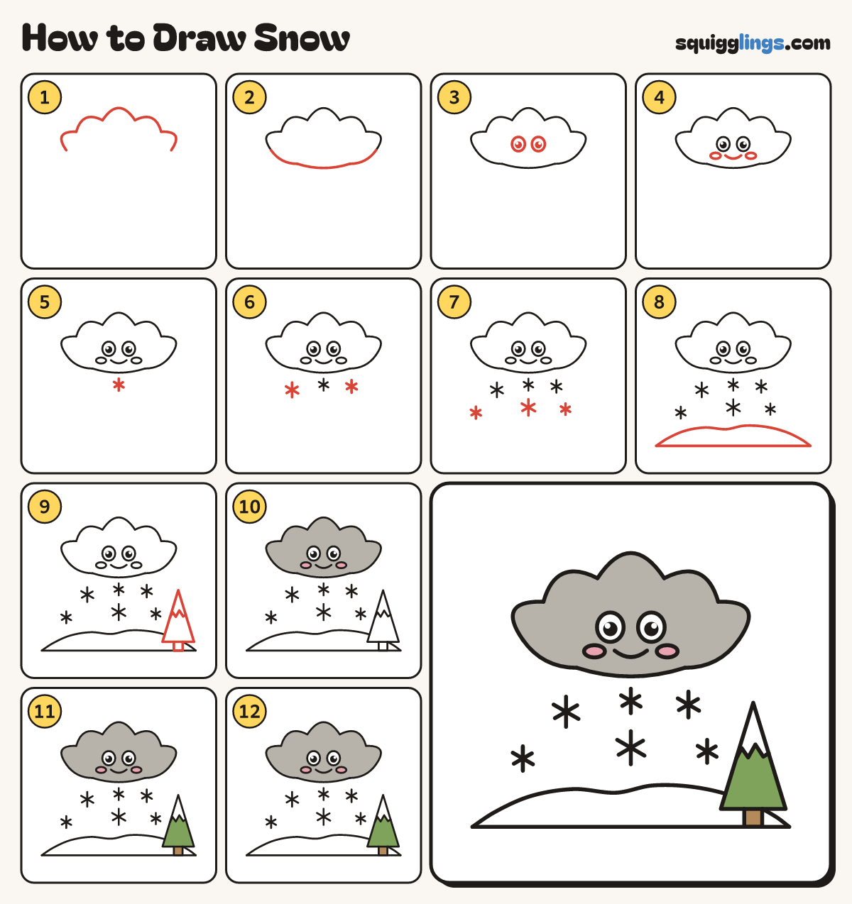 How to Draw Snow step by step: all 12 steps in one picture