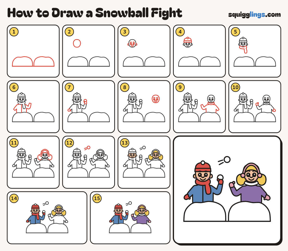 How to Draw a Snowball Fight step by step: all 15 steps in one picture