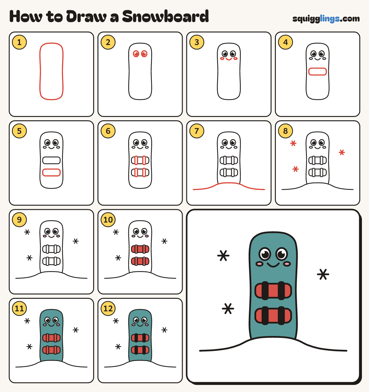 How to Draw a Snowboard step by step: all 12 steps in one picture