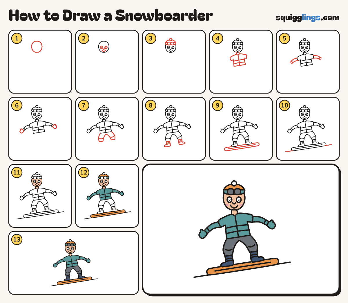 How to Draw a Snowboarder step by step: all 13 steps in one picture