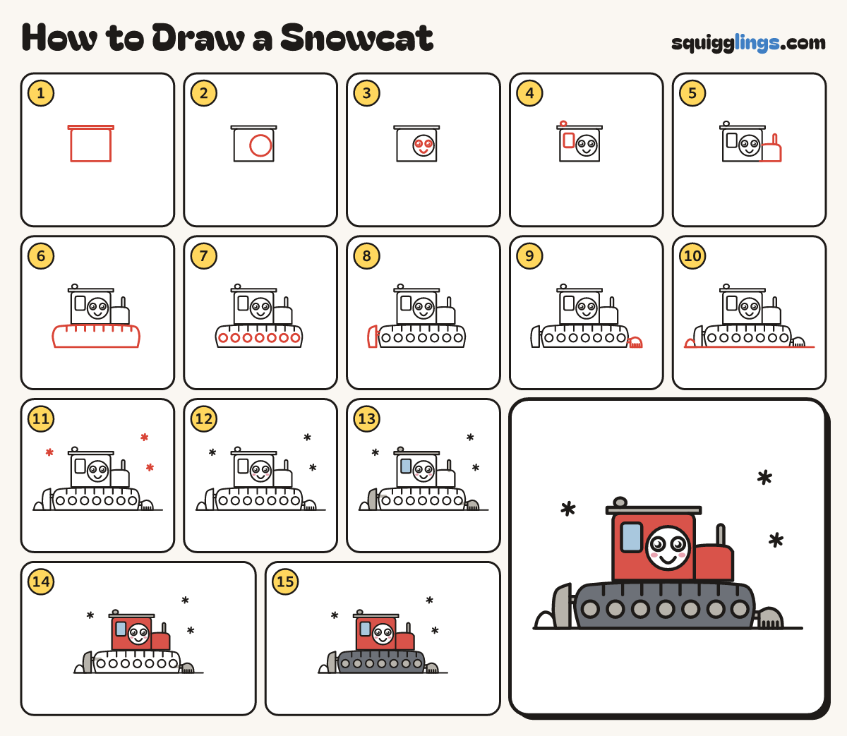 How to Draw a Snowcat step by step: all 15 steps in one picture