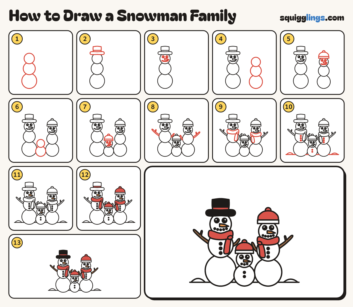 How to Draw a Snowman Family step by step: all 13 steps in one picture