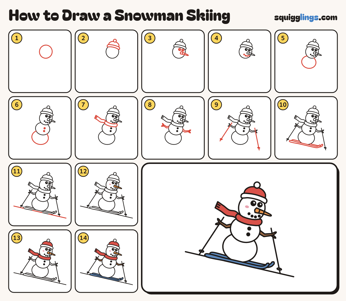 How to Draw a Snowman Skiing step by step: all 14 steps in one picture