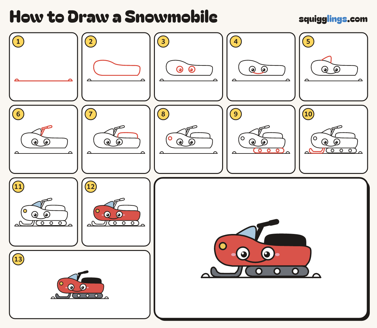 How to Draw a Snowmobile step by step: all 13 steps in one picture