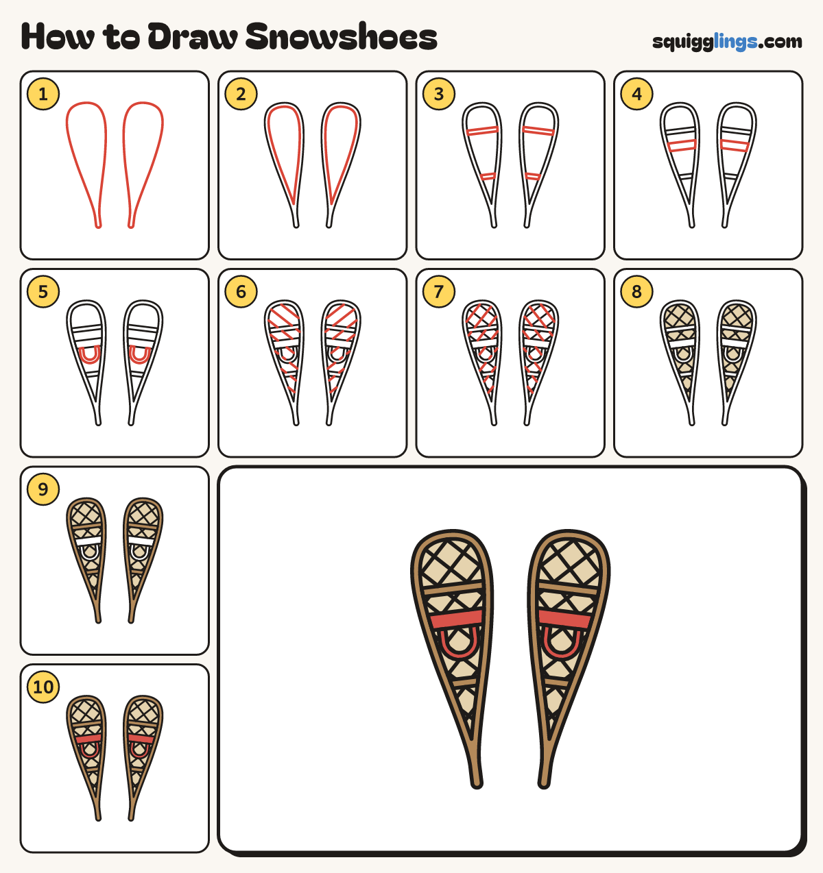 How to Draw Snowshoes step by step: all 10 steps in one picture
