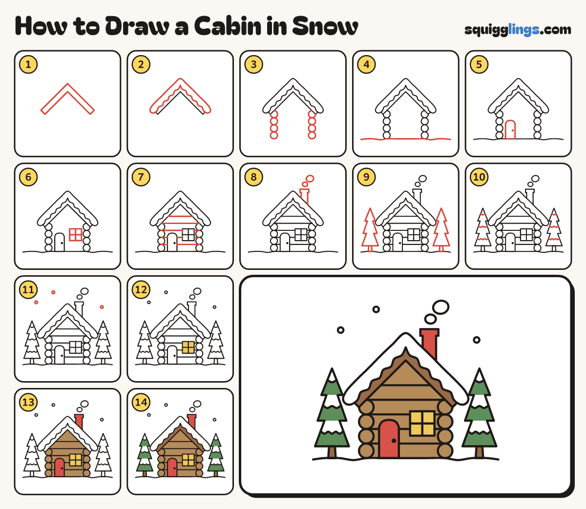 How to Draw a Cabin in Snow step by step: all 14 steps in one picture