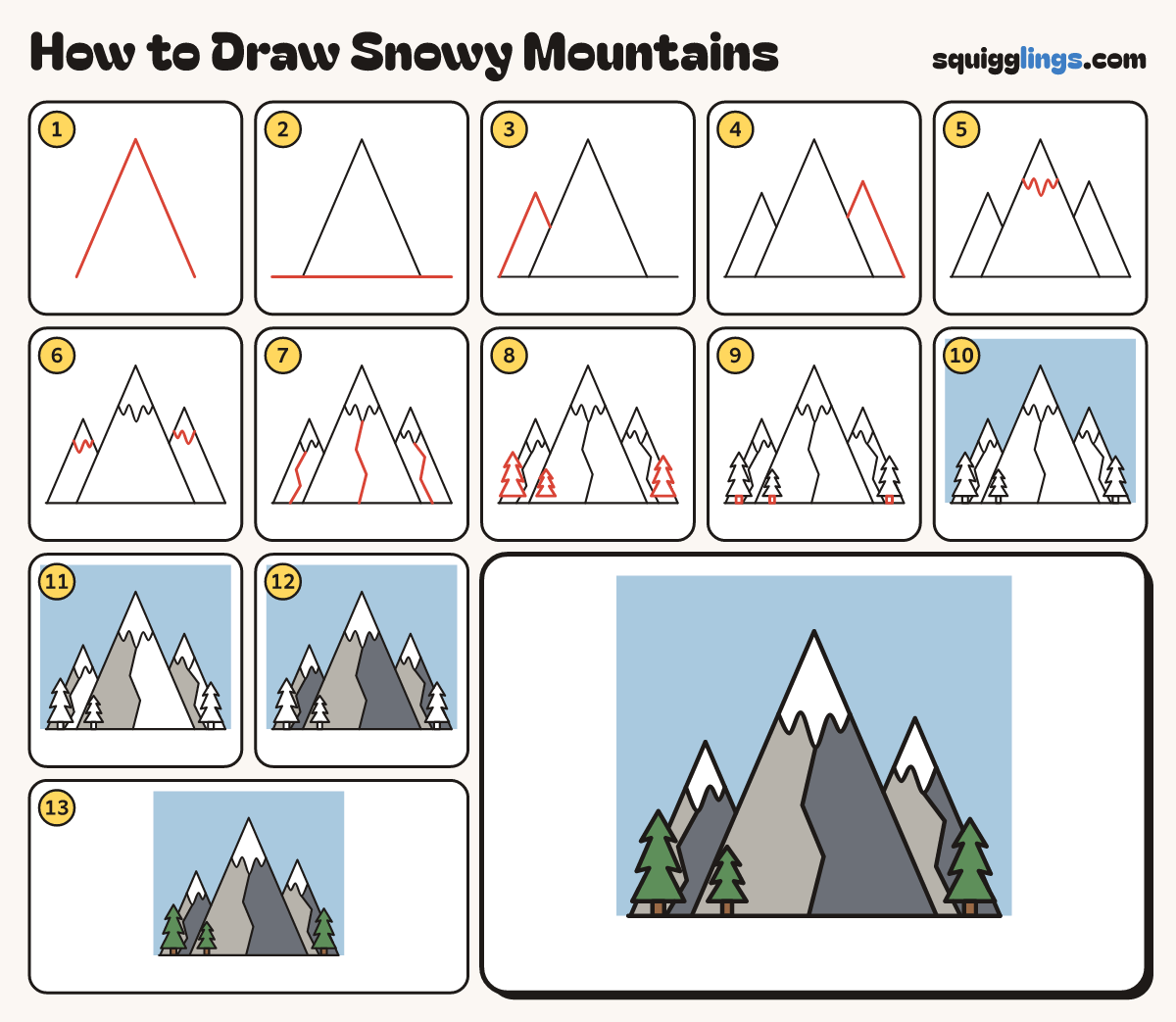 How to Draw Snowy Mountains step by step: all 13 steps in one picture