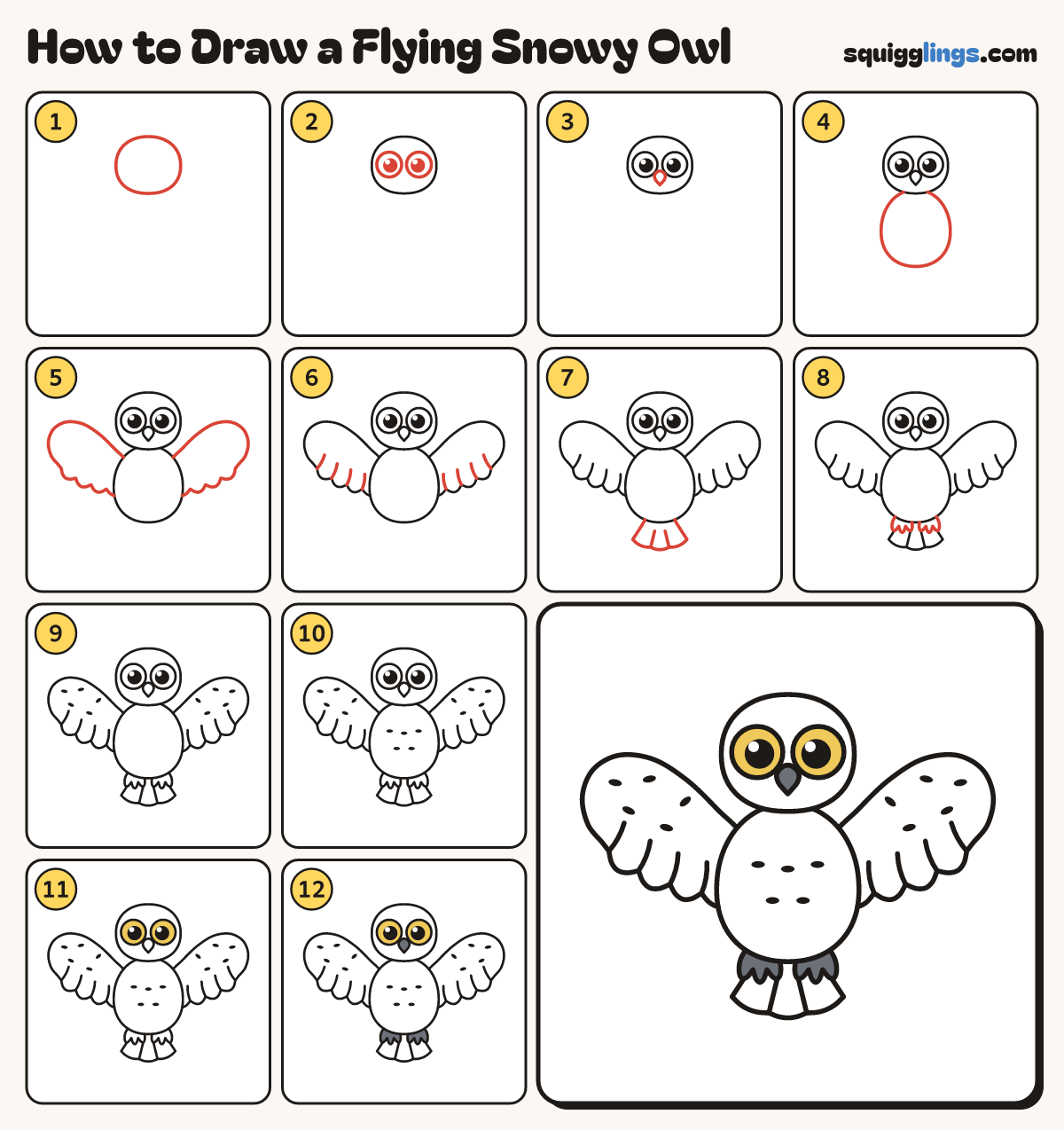 How to Draw a Flying Snowy Owl step by step: all 12 steps in one picture