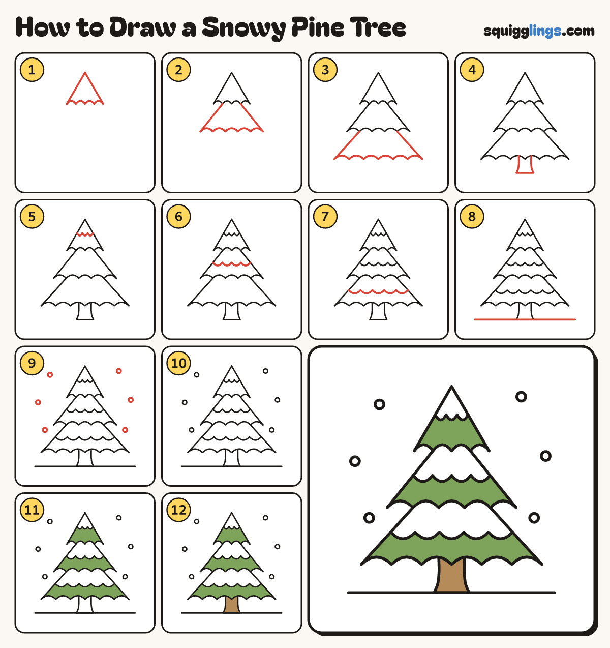 How to Draw a Snowy Pine Tree step by step: all 12 steps in one picture