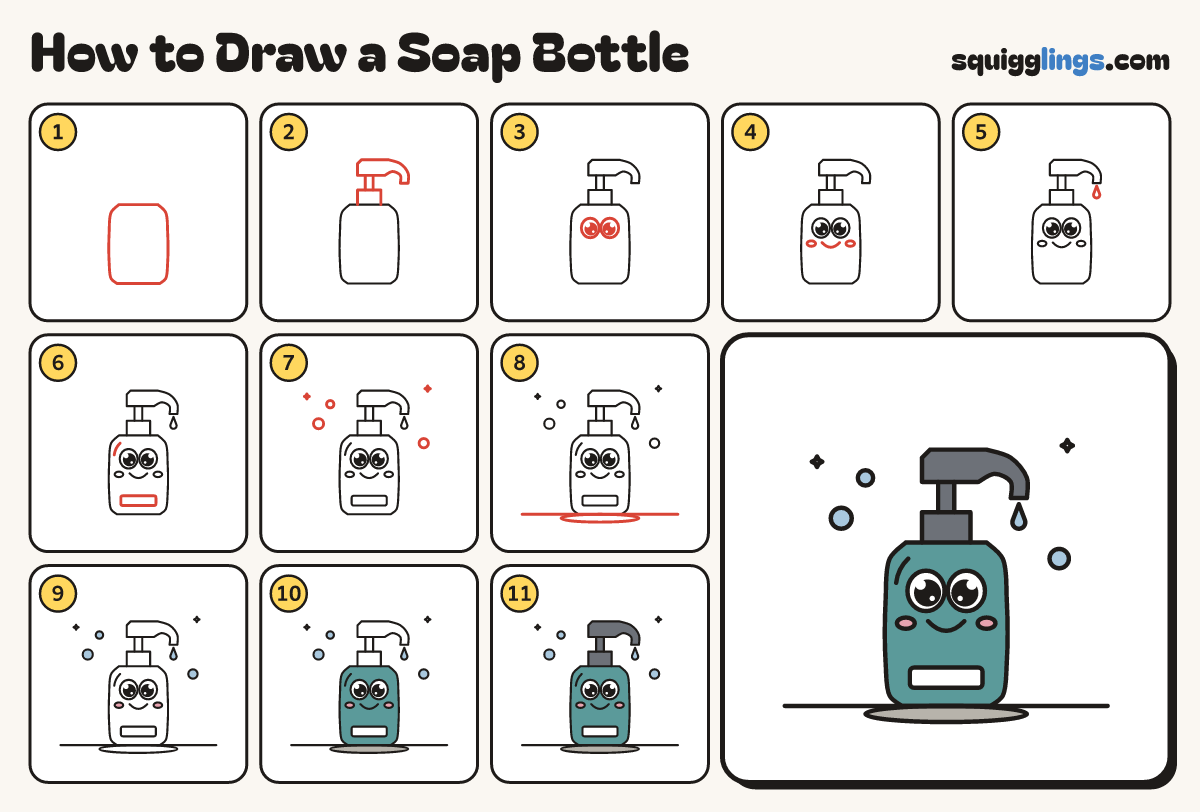 How to Draw a Soap Bottle step by step: all 11 steps in one picture