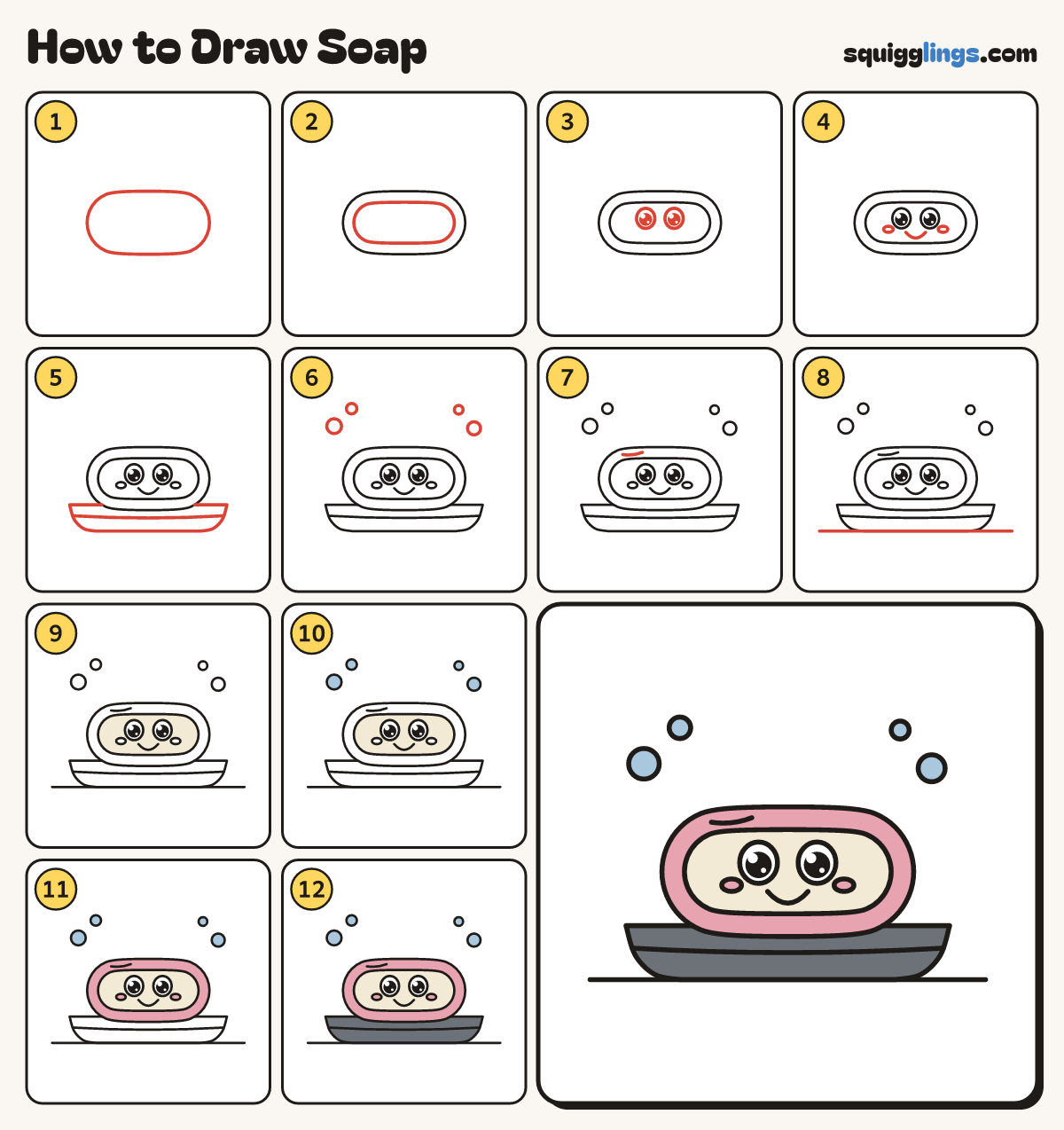 How to Draw Soap step by step: all 12 steps in one picture