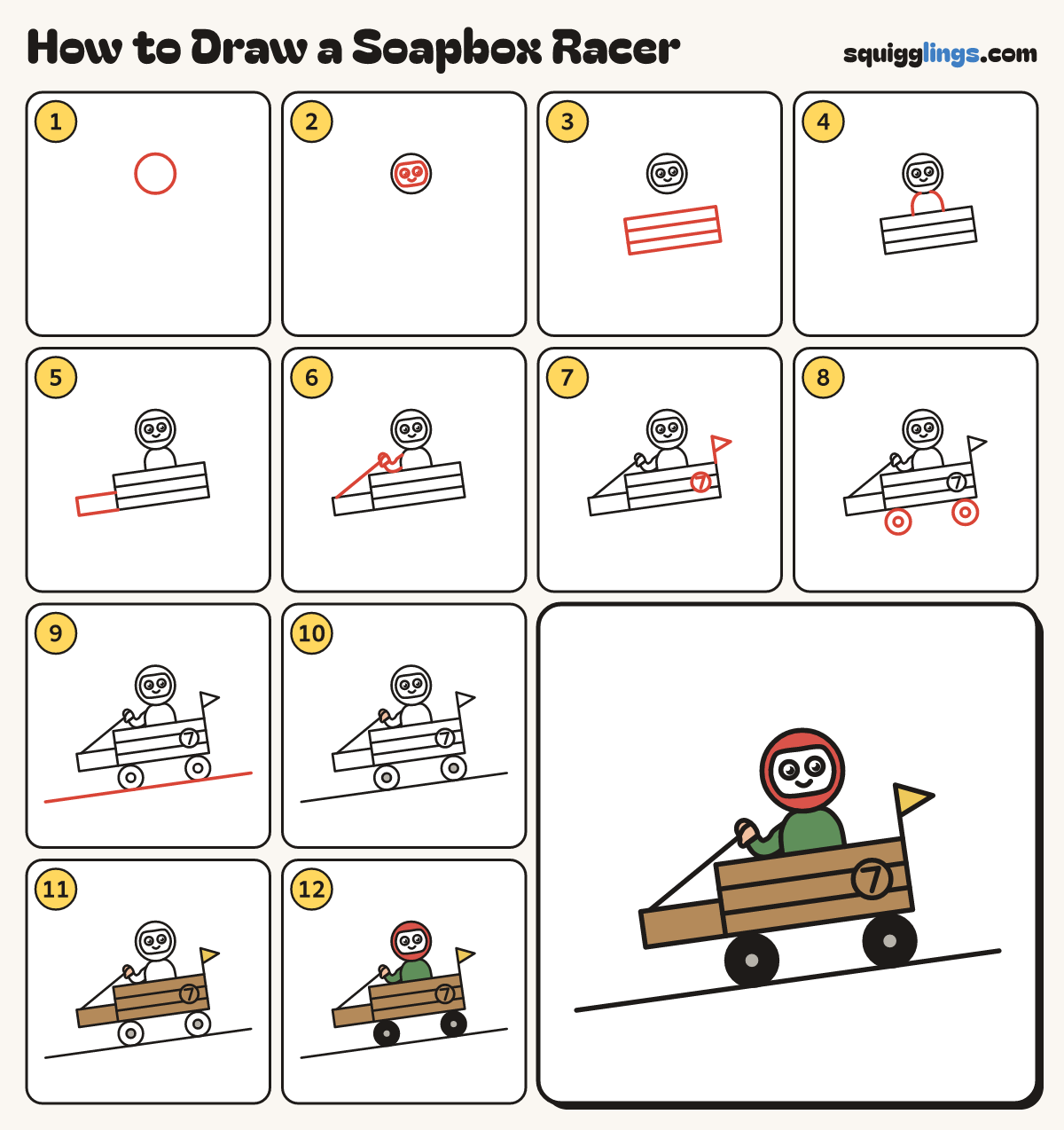 How to Draw a Soapbox Racer step by step: all 12 steps in one picture