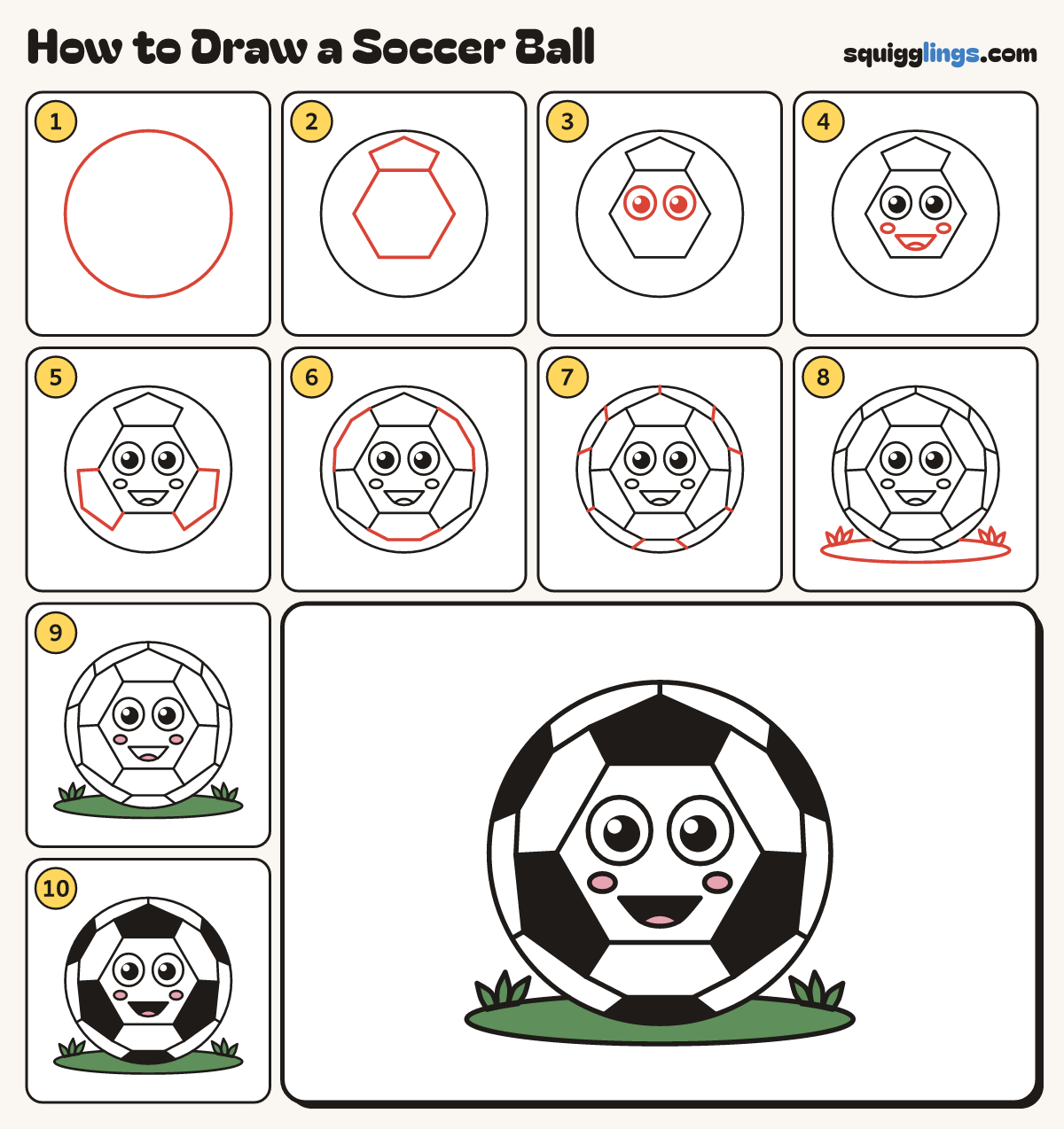 How to Draw a Soccer Ball step by step: all 10 steps in one picture
