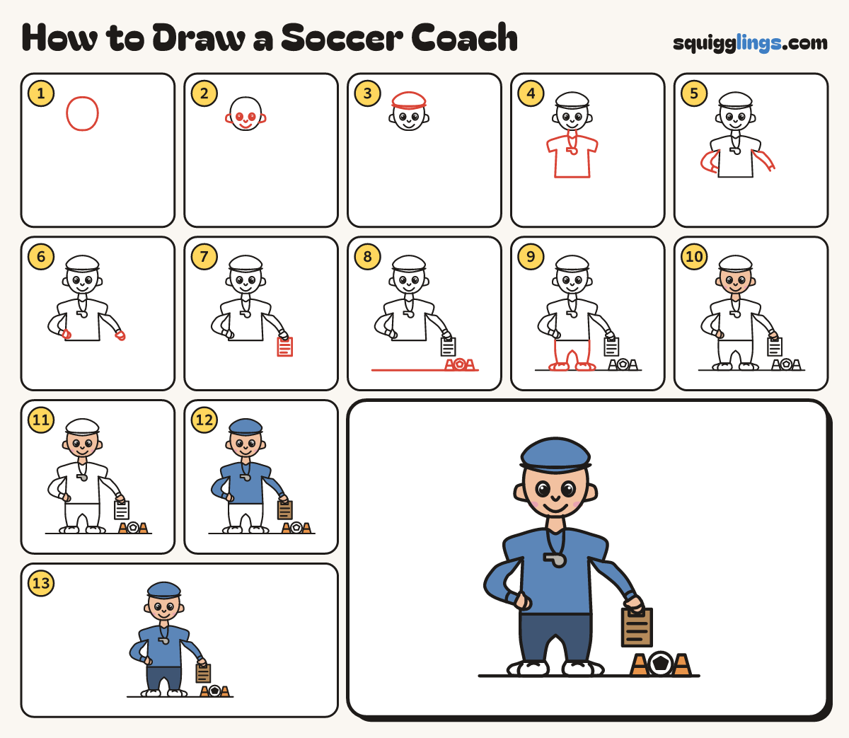 How to Draw a Soccer Coach step by step: all 13 steps in one picture