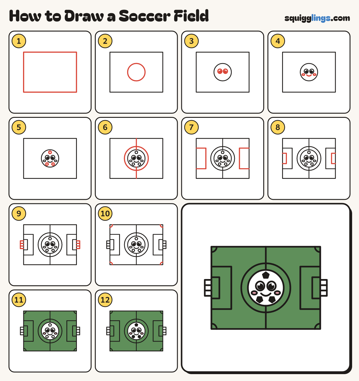 How to Draw a Soccer Field step by step: all 12 steps in one picture
