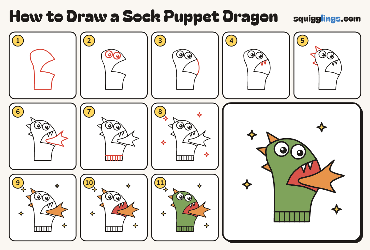 How to Draw a Sock Puppet Dragon step by step: all 11 steps in one picture