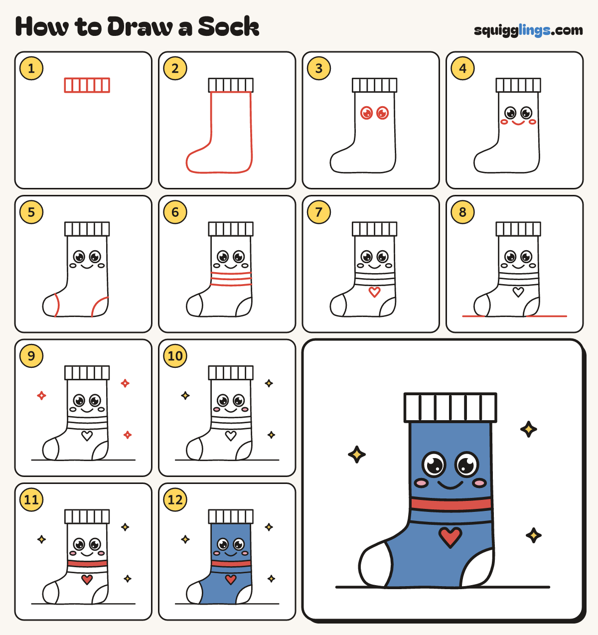 How to Draw a Sock step by step: all 12 steps in one picture