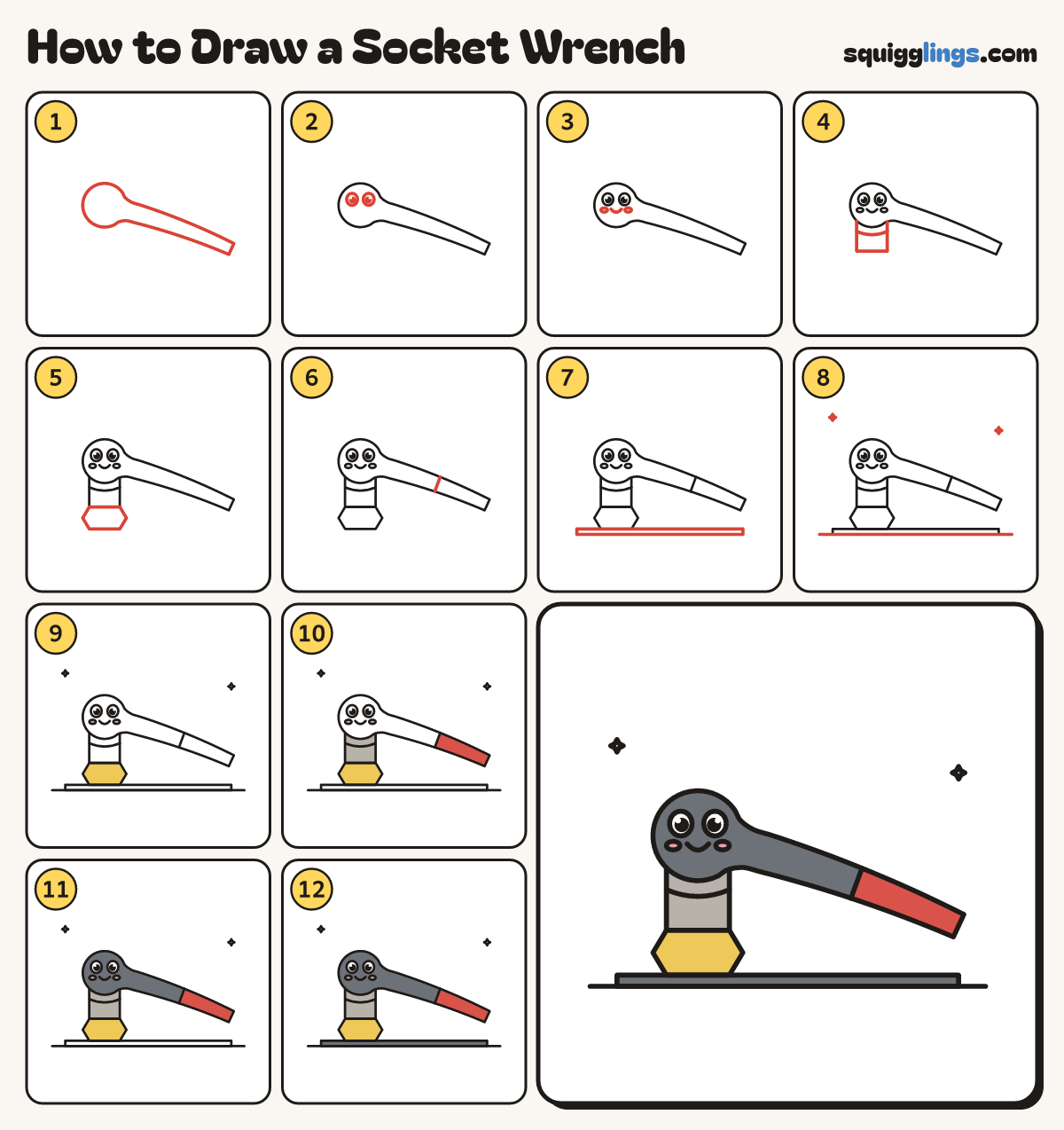 How to Draw a Socket Wrench step by step: all 12 steps in one picture
