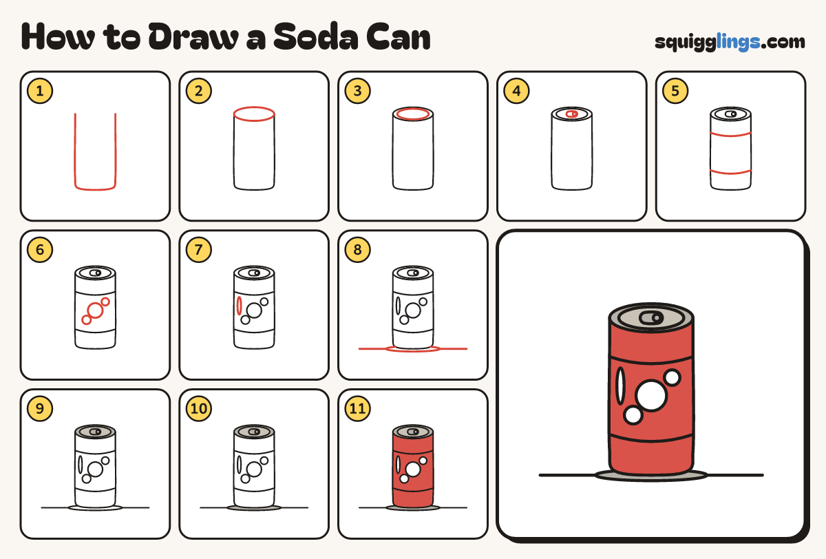How to Draw a Soda Can step by step: all 11 steps in one picture
