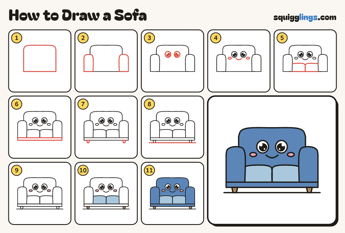 How to Draw a Sofa step by step: all 11 steps in one picture