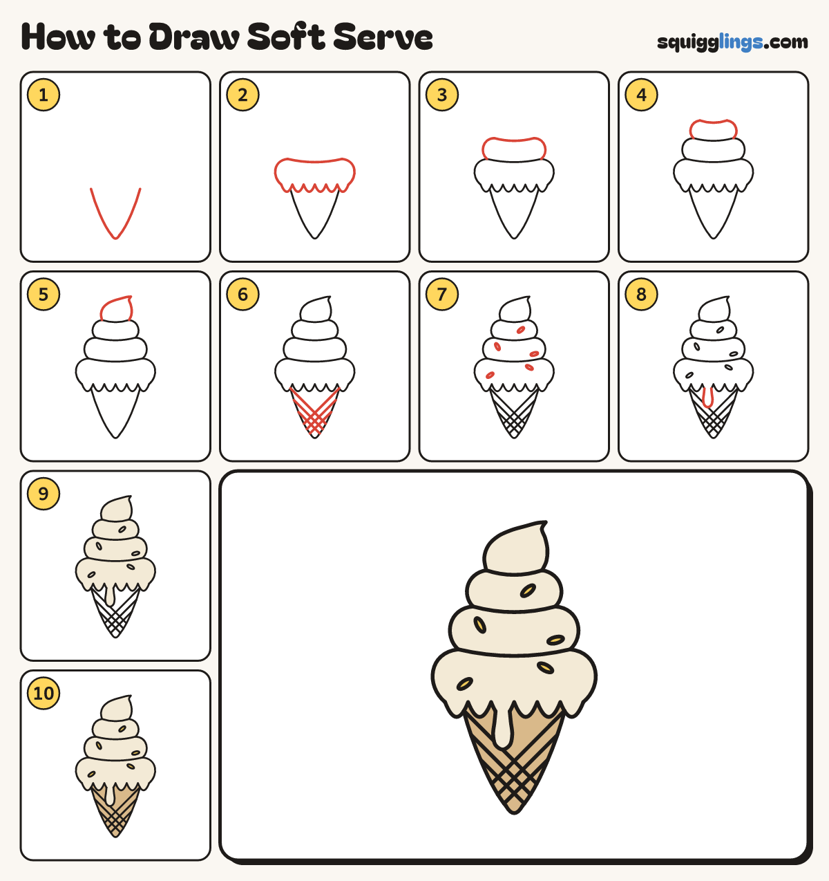 How to Draw Soft Serve step by step: all 10 steps in one picture