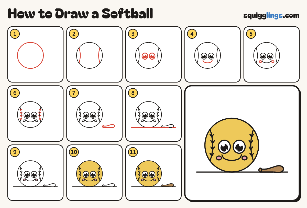 How to Draw a Softball step by step: all 11 steps in one picture