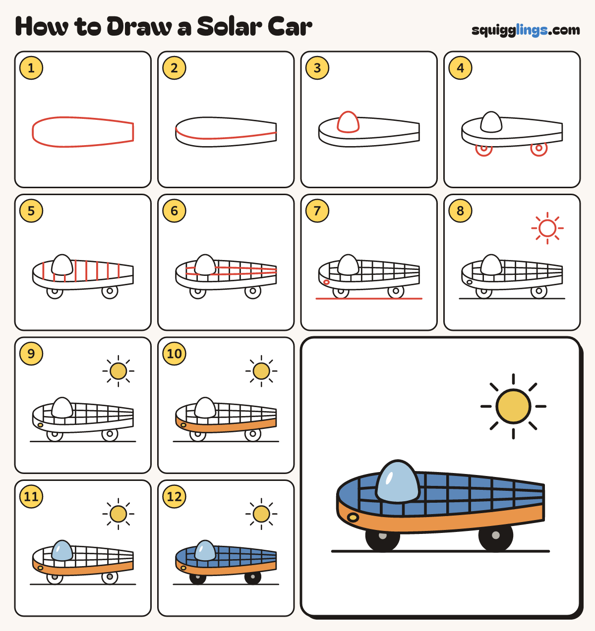 How to Draw a Solar Car step by step: all 12 steps in one picture