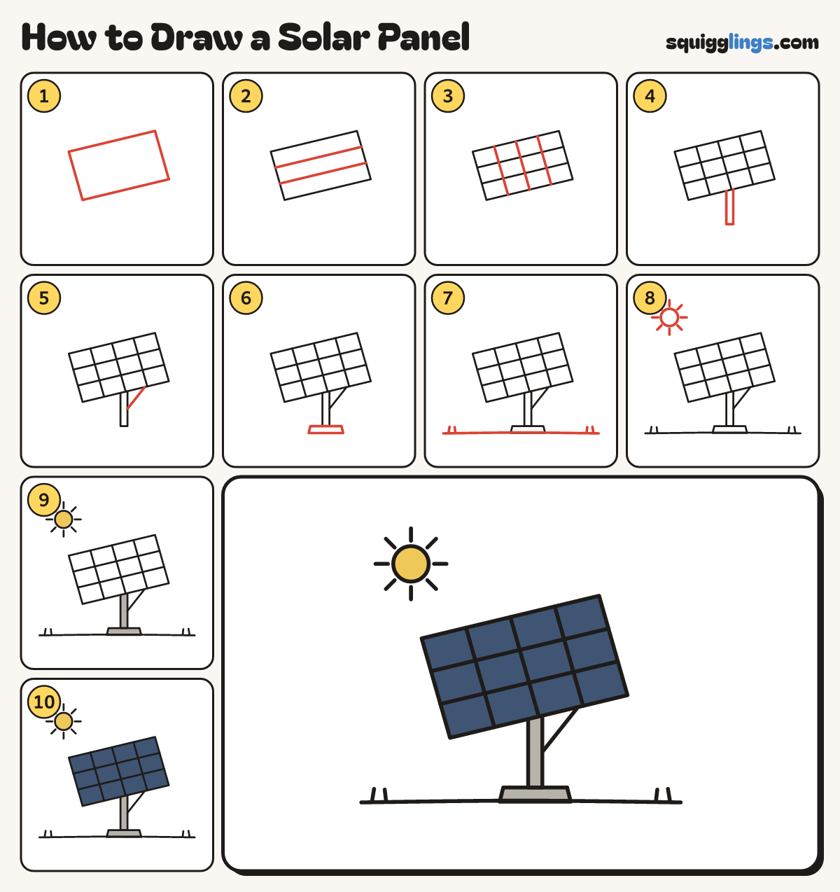 How to Draw a Solar Panel step by step: all 10 steps in one picture